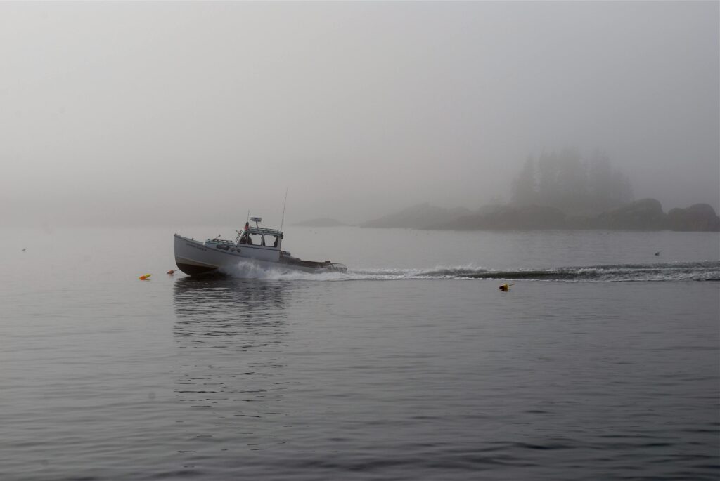 Modern motorboat floating on rippling river water on gloomy overcast weather in countryside